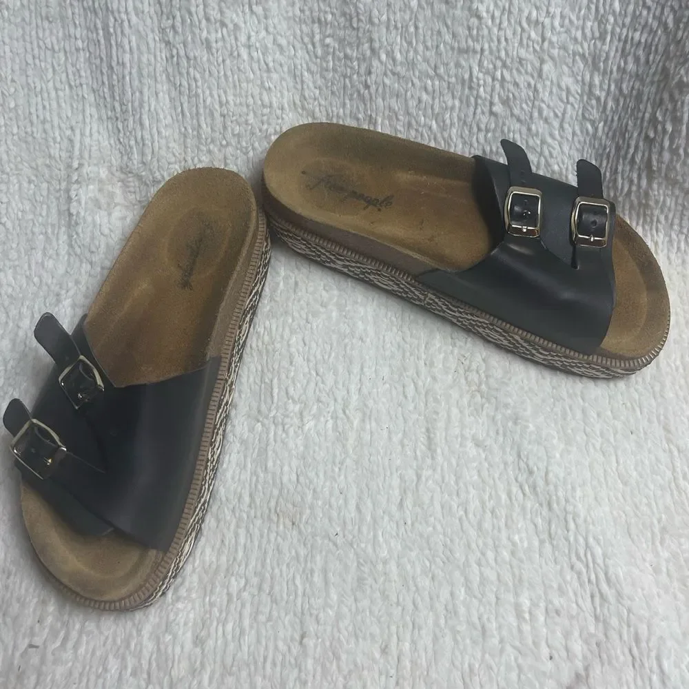 Free People caravelle leather Black Cork footbed Double Strap Sandals EUR SZ41